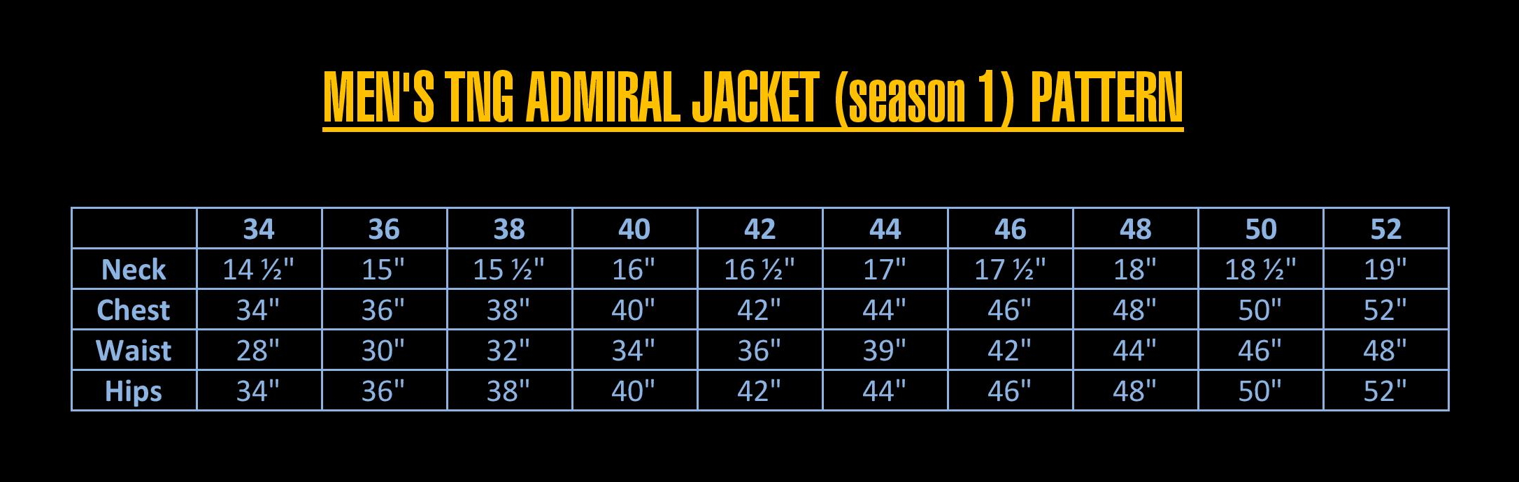 TNG admiral uniform (season 1) sizing chart - Star Trek Costume Guide