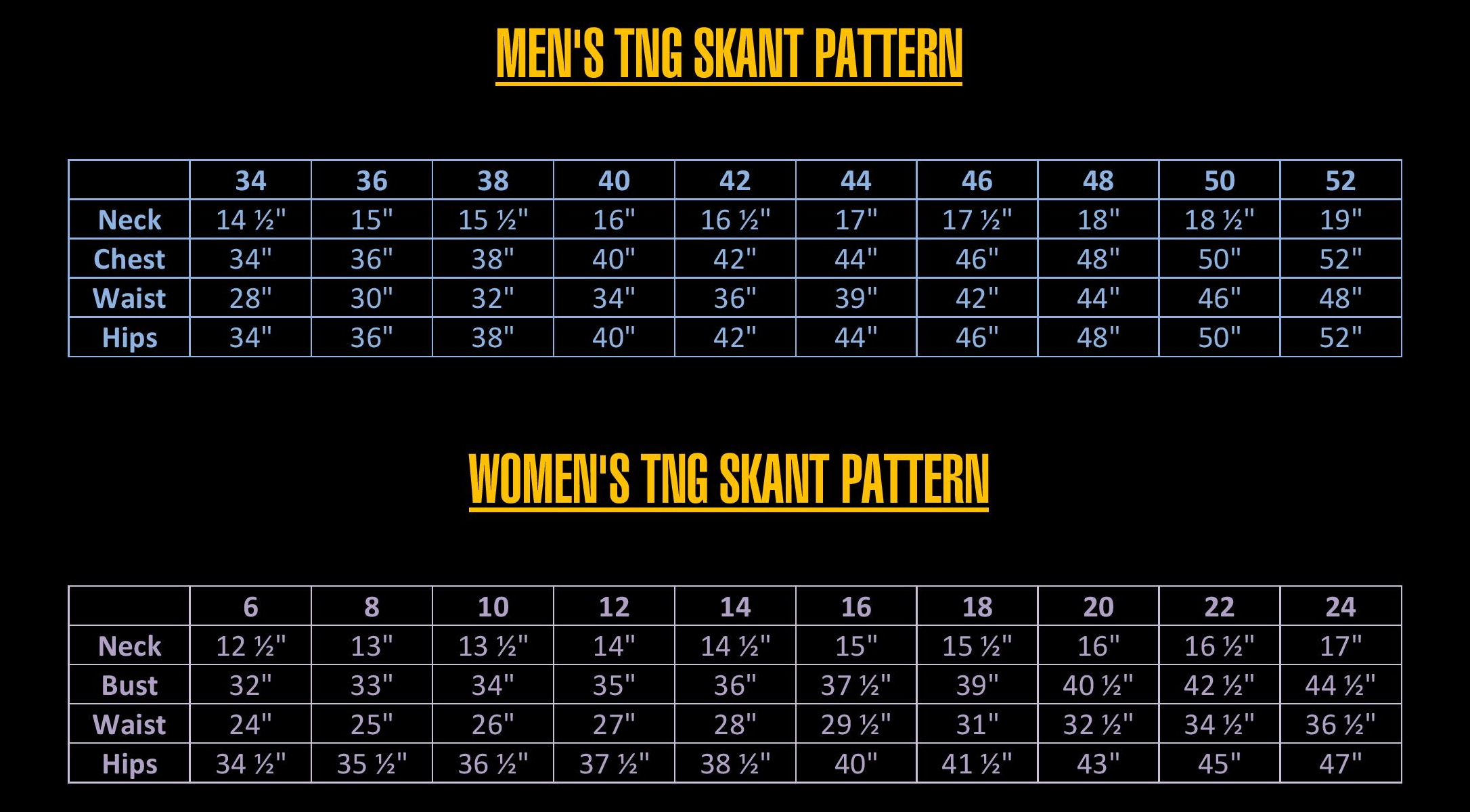 TNG skant pattern sizing charts - Tailors Gone Wild