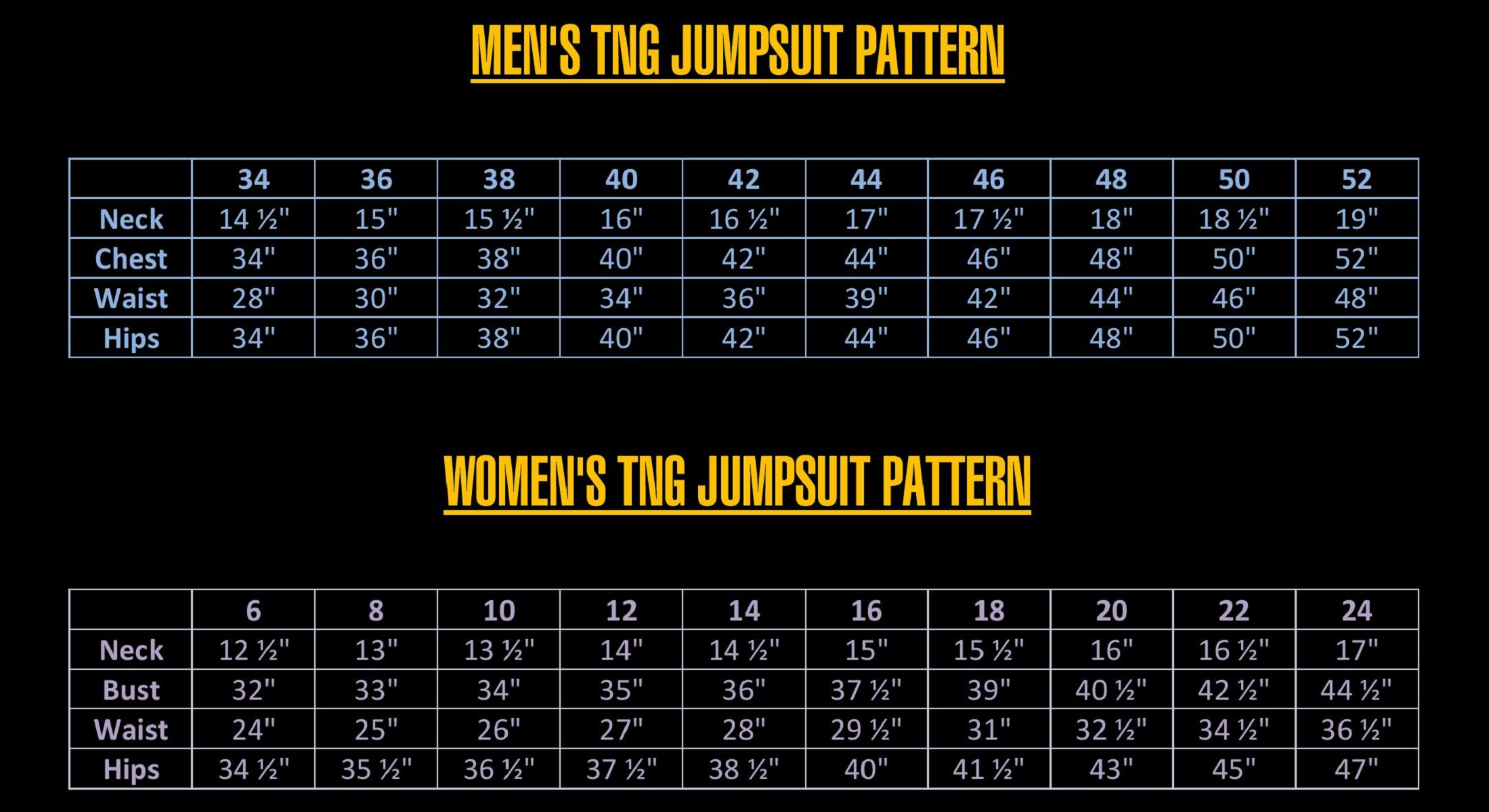 TNG jumpsuit pattern sizing charts - Tailors Gone Wild